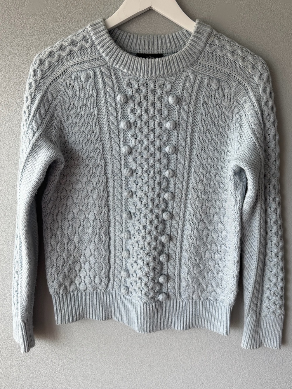 J Crew grey blue cable knit puffball wool blend long sleeve sweater Women’s sz S